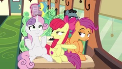 Size: 1920x1080 | Tagged: safe, screencap, apple bloom, down under, lemon hearts, scootaloo, sweetie belle, earth pony, pony, g4, growing up is hard to do, belly, cropped, cutie mark, cutie mark crusaders, friendship express, lidded eyes, looking at each other, older, older apple bloom, older cmc, older scootaloo, older sweetie belle, raised eyebrow, sitting, smiling, smirk, the cmc's cutie marks, train, trio focus