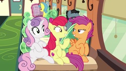 Size: 1920x1080 | Tagged: safe, screencap, apple bloom, down under, lemon hearts, scootaloo, sweetie belle, earth pony, pegasus, pony, unicorn, g4, growing up is hard to do, cropped, cutie mark crusaders, friendship express, lidded eyes, looking at each other, older, older apple bloom, older scootaloo, older sweetie belle, open mouth, sitting, smiling, train, trio focus