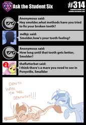 Size: 800x1172 | Tagged: safe, artist:sintakhra, minuette, smolder, dragon, pony, unicorn, tumblr:studentsix, g4, behaving like a cat, biting, broken tooth, dragging, mouth hold, pulling, sigh, tail, tail bite, tail pull