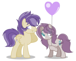 Size: 1720x1374 | Tagged: safe, artist:browniepawyt, oc, oc only, oc:amethyst, oc:elijah, pegasus, pony, unicorn, balloon, base used, colored pupils, female, magical lesbian spawn, male, mare, oc x oc, offspring, offspring shipping, parent:angel wings, parent:petunia paleo, parent:rarity, parent:scootaloo, shipping, stallion