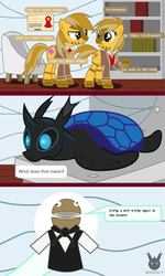 Size: 1418x2356 | Tagged: safe, artist:wheatley r.h., oc, oc only, oc:axóchitl, oc:w. rhinestone eyes, changeling, earth pony, hybrid, pony, zony, alternate cutie mark, blue changeling, bookshelf, chair, changeling oc, coconut, comic, couch, diploma, food, frontier psychiatrist, implied oc, psychologist, puppet, sea turtle, song reference, speech bubble, the avalanches, vector, watermark, zony oc