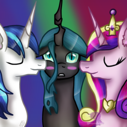 Size: 768x768 | Tagged: safe, artist:commandereclipse, princess cadance, queen chrysalis, shining armor, alicorn, changeling, changeling queen, pony, unicorn, g4, bisexual, bisexual female, blushing, cheek kiss, cute, cutealis, cutedance, eyes closed, female, kiss sandwich, kissing, lesbian, lesbian in front of boys, male, mare, polyamory, shining adorable, ship:cadalis, ship:chrysarmordance, ship:shining chrysalis, shipping, stallion, straight