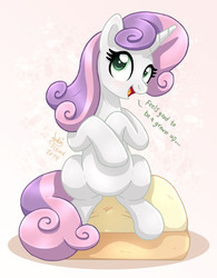 Size: 860x1100 | Tagged: safe, artist:joakaha, sweetie belle, pony, unicorn, g4, growing up is hard to do, child bearing hips, dialogue, female, looking at you, older, older sweetie belle, solo, wide hips