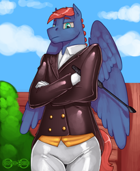 Size: 2878x3508 | Tagged: safe, artist:empressbridle, oc, oc:spedy, pegasus, anthro, clothes, commission, high res, latex, male, pegasus oc, pegasus wings, stallion, whip, wings