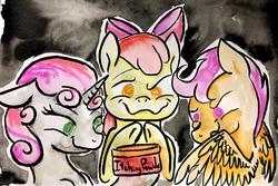 Size: 1024x686 | Tagged: safe, artist:colorsceempainting, apple bloom, scootaloo, sweetie belle, pony, g4, cutie mark crusaders, female, filly, inktober, inktober 2019, mindless, traditional art