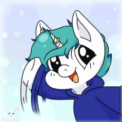 Size: 500x500 | Tagged: safe, artist:nekoremilia1, oc, oc only, oc:snowy blue, pony, unicorn, animated, blushing, clothes, cute, gif, hoodie, horn, horn ring, male, ocbetes, simple background, solo, stallion, sweatshirt, waving, white fur, ych result