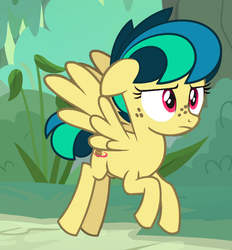 Size: 659x709 | Tagged: safe, artist:shinodage, edit, edited screencap, screencap, spur, oc, oc only, oc:apogee, pegasus, pony, g4, growing up is hard to do, character swap, cropped, female, filly, flying, freckles, solo