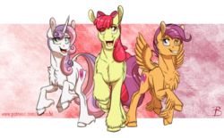 Size: 2000x1240 | Tagged: safe, artist:inuhoshi-to-darkpen, apple bloom, scootaloo, sweetie belle, earth pony, pegasus, pony, unicorn, g4, growing up is hard to do, cheek fluff, chest fluff, cloven hooves, cutie mark, cutie mark crusaders, ear fluff, feathered fetlocks, female, fluffy, leonine tail, long feather, mare, older, older apple bloom, older cmc, older scootaloo, older sweetie belle, open mouth, raised hoof, spread wings, the cmc's cutie marks, trio, unshorn fetlocks, wings