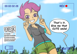 Size: 1578x1113 | Tagged: safe, artist:oldskullkid, scootaloo, equestria girls, g4, camera shot, clothes, cute, cutealoo, dialogue, double peace sign, female, grin, legs, offscreen character, peace sign, recording, shorts, smiling, solo, speech bubble