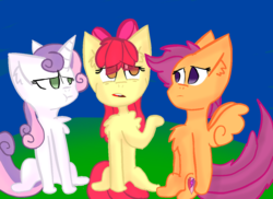 Size: 1189x866 | Tagged: safe, apple bloom, scootaloo, sweetie belle, earth pony, pegasus, pony, unicorn, g4, growing up is hard to do, age progression, blue background, bow, chest fluff, clothes, cutie mark, cutie mark crusaders, ear fluff, female, grass, mare, no pupils, simple background, sitting, spread wings, the cmc's cutie marks, trio, wings, worried