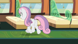 Size: 960x540 | Tagged: safe, screencap, caesar, count caesar, sweetie belle, pony, unicorn, g4, growing up is hard to do, accessory theft, angry, animated, being big is all it takes, bipedal, butt, cane, count caesar is not amused, cutie mark, dancing, female, friendship express, gif, hat, hooves on hips, male, mare, older, older sweetie belle, plot, singing, stallion, the cmc's cutie marks, top hat, train, unamused