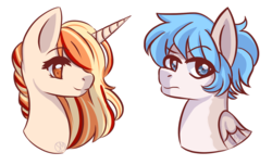 Size: 1684x1027 | Tagged: safe, artist:sinamuna, oc, oc only, oc:sweet scent, pegasus, pony, unicorn, art trade, blonde hair, blue eyes, blue hair, bust, female, frown, horn, male, mare, orange eyes, orange hair, pair, ponytail, red hair, simple background, smiling, stallion, transparent background, wings