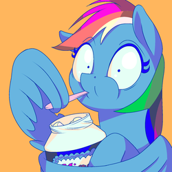Size: 1440x1440 | Tagged: safe, artist:docwario, rainbow dash, pegasus, pony, g4, caught, cooking with jack, dashtober, eating, female, food, mayonnaise, miracle whip, pure unfiltered evil, sauce, solo, wing hands, wings