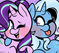 Size: 3352x3000 | Tagged: safe, artist:befishproductions, starlight glimmer, trixie, pony, unicorn, g4, blushing, high res, hug, one eye closed, raspberry, smiling, tongue out, wink