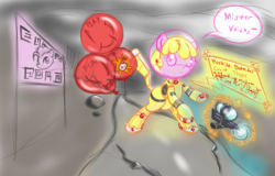 Size: 879x561 | Tagged: safe, artist:retl, pinkie pie, oc, oc only, oc:puppysmiles, pony, fallout equestria, fallout equestria: pink eyes, g4, balloon, billboard, bomb, environmental suit, fanfic art, gun, speech bubble, weapon