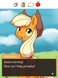 Size: 410x552 | Tagged: safe, artist:kuschelig, applejack, earth pony, pony, g4, cutie mark, dialogue, fake game screenshot, female, looking at you, mare, mockup, open mouth, raised hoof, sitting, smiling, solo, speech, talking to viewer, video game
