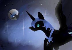 Size: 741x520 | Tagged: safe, artist:0pencil0and0rood0, nightmare moon, alicorn, pony, g4, bat wings, cutie mark, ethereal mane, female, flying, helmet, jewelry, looking at you, mare, mare in the moon, moon, night, regalia, solo, starry mane, transparent wings, wings