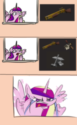 Size: 774x1253 | Tagged: safe, artist:jargon scott, edit, princess cadance, alicorn, pony, g4, australium, comic, crafting, frontier justice, pure unfiltered evil, team fortress 2, wrangler (team fortress 2)