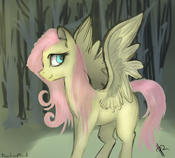 Size: 730x660 | Tagged: safe, artist:0pencil0and0rood0, fluttershy, pegasus, pony, g4, female, forest, looking back, mare, missing cutie mark, smiling, solo, spread wings, wings