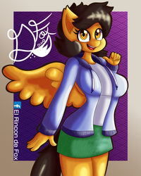 Size: 1000x1250 | Tagged: safe, artist:thedamneddarklyfox, oc, oc:dany melody, pegasus, anthro, clothes, cute, female, hoodie, looking at you, mare, miniskirt, ocbetes, skirt, smiling, thighs, wings