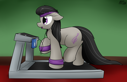 Size: 2347x1530 | Tagged: safe, artist:the-furry-railfan, octavia melody, earth pony, pony, g4, earbuds, exercise, female, floppy ears, mare, open mouth, plump, pudgy, raised hoof, solo, sweatband, treadmill, walkman