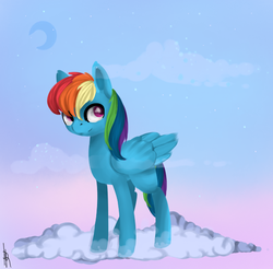 Size: 570x560 | Tagged: safe, artist:0pencil0and0rood0, rainbow dash, pegasus, pony, g4, cloud, crescent moon, cute, dashabetes, female, mare, moon, smiling, solo, stars, twilight (astronomy)
