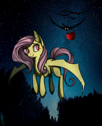 Size: 498x613 | Tagged: safe, artist:0pencil0and0rood0, fluttershy, bat, bat pony, pony, g4, apple, bat ponified, female, flutterbat, flying, food, forest, lidded eyes, mare, night, race swap, smiling, solo, starry night, stars