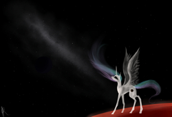 Size: 6928x4737 | Tagged: safe, artist:0pencil0and0rood0, princess celestia, alicorn, pony, g4, alternate cutie mark, female, galaxy, looking up, mare, missing accessory, planet, solo, space, spread wings, stars, sun, windswept mane, wings