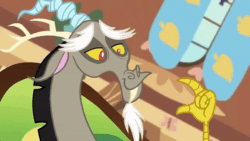 Size: 600x338 | Tagged: safe, edit, edited screencap, screencap, discord, draconequus, g4, keep calm and flutter on, animated, discord being discord, fluttershy's cottage, gif, male, napkin, painting, solo, window