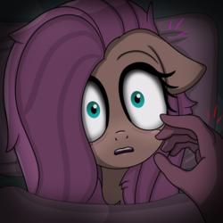 Size: 6000x6000 | Tagged: safe, artist:undisputed, fluttershy, oc, oc:crimson sky, human, pegasus, pony, g4, bags under eyes, bed, bust, fanfic art, female, hand, mare, offscreen character, perspective, pov, scared, startled, surprised, wide eyes