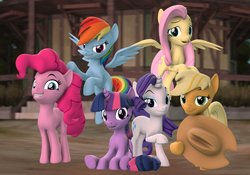 Size: 3088x2160 | Tagged: safe, artist:ludwigspectre, applejack, fluttershy, pinkie pie, rainbow dash, rarity, twilight sparkle, alicorn, pegasus, pony, unicorn, g4, 3d, applejack's hat, cowboy hat, female, floating, flying, group, group shot, hat, high res, horn, looking at you, mane six, mare, open mouth, raised hoof, revamped ponies, sitting, smiling, source filmmaker, twilight sparkle (alicorn), wings
