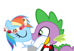 Size: 1000x700 | Tagged: safe, edit, rainbow dash, spike, dragon, pegasus, pony, g4, eyes closed, female, flower, flower in hair, kiss on the lips, kissing, male, ship:rainbowspike, shipping, straight, vector