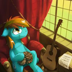 Size: 2000x2000 | Tagged: safe, artist:anticular, oc, oc only, oc:4everfreebrony, cat, earth pony, pony, 4everfreebrony, acoustic guitar, album cover, chair, floppy ears, glasses, guitar, high res, male, musical instrument, sitting, smiling, solo, stallion, window