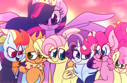 Size: 4300x2800 | Tagged: safe, artist:saveraedae, applejack, fluttershy, li'l cheese, pinkie pie, rainbow dash, rarity, twilight sparkle, alicorn, pony, g4, the last problem, alternate hairstyle, blushing, clothes, cute, female, filly, granny smith's shawl, group, hat, holding hooves, lesbian, looking at each other, looking at you, mane six, mother and son, older, older applejack, older fluttershy, older mane six, older pinkie pie, older rainbow dash, older rarity, older twilight, older twilight sparkle (alicorn), princess twilight 2.0, ship:appledash, shipping, sunset, twilight sparkle (alicorn)