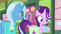 Size: 1280x720 | Tagged: safe, screencap, starlight glimmer, trixie, pony, unicorn, g4, student counsel, bag, butt, duo, female, mare, plot, saddle bag