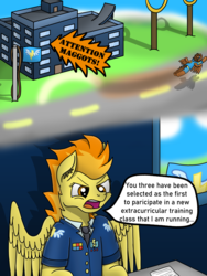 Size: 3024x4032 | Tagged: safe, artist:tacomytaco, spitfire, oc, pegasus, pony, comic:wedgiebolts academy, g4, clothes, comic, female, flag, flying, spread wings, text, uniform, wings, wonderbolts uniform