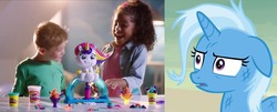 Size: 1232x500 | Tagged: safe, edit, edited screencap, screencap, trixie, pony, unicorn, g4, road to friendship, cropped, female, floppy ears, injured, mare, messy mane, play-doh, reaction image, shocked, solo, stare, thousand yard stare, tootie the unicorn ice cream set, wat