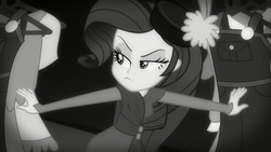 Size: 1920x1080 | Tagged: safe, screencap, rarity, equestria girls, g4, my little pony equestria girls: better together, rarity investigates: the case of the bedazzled boot, rarity investigates: the case of the bedazzled boot: applejack, black and white, clothes, detective rarity, female, grayscale, hat, monochrome, noir, pillbox hat, raised eyebrow, solo