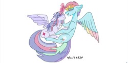 Size: 1280x637 | Tagged: safe, artist:mlpbaby, rainbow dash, twilight sparkle, alicorn, pegasus, pony, g4, colored wings, colored wingtips, female, glowing horn, heart, horn, lesbian, looking at each other, magic, mare, ship:twidash, shipping, simple background, spread wings, twilight sparkle (alicorn), white background, wings