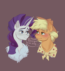 Size: 2048x2239 | Tagged: safe, artist:vantiss, applejack, rarity, earth pony, pony, unicorn, the last problem, blushing, clothes, cowboy hat, duo, female, granny smith's shawl, hat, lesbian, looking at each other, older, older applejack, older rarity, purple background, rarijack, scarf, shipping, simple background, speech bubble