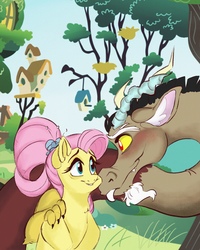 Size: 4000x5000 | Tagged: safe, artist:vantiss, discord, fluttershy, g4, the last problem, blushing, female, fluttershy's cottage, looking at each other, male, older, older fluttershy, ship:discoshy, shipping, smiling, straight
