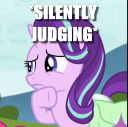 Size: 309x308 | Tagged: safe, edit, edited screencap, screencap, starlight glimmer, pony, g4, rock solid friendship, caption, cropped, female, hoof on chin, image macro, solo, text