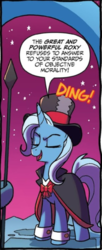 Size: 604x1476 | Tagged: safe, idw, trixie, pony, unicorn, g4, spoiler:comic, bowtie, cape, clothes, cuffs, dialogue, female, hat, mare, night, offscreen character, solo focus, spear, speech bubble, stars, text, the great and powerful roxy, top hat, weapon