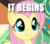 Size: 334x293 | Tagged: safe, edit, edited screencap, screencap, fluttershy, g4, my little pony: friendship is magic, trade ya!, caption, cropped, female, image macro, it begins, solo, text, train