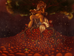 Size: 2000x1500 | Tagged: safe, artist:t72b, derpibooru exclusive, applejack, earth pony, living apple, semi-anthro, g4, apple, applejack's hat, arm hooves, axe, biting pear of salamanca, cowboy hat, female, food, hat, hoof hold, mare, pear, sitting, solo, that pony sure does love apples, throne, tree, weapon