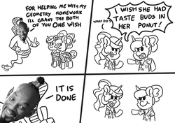 Size: 1700x1200 | Tagged: safe, artist:threetwotwo32232, princess celestia, princess luna, alicorn, genie, pony, between dark and dawn, g4, :t, bipedal, clothes, comic, cyanide & happiness, dialogue, female, frown, grayscale, grin, hawaiian shirt, horrified, lineart, mare, monochrome, open mouth, parody, pointing, shirt, simple background, smiling, speech bubble, the implications are horrible, wat, white background, why, wide eyes, will smith