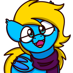 Size: 1000x1000 | Tagged: safe, artist:sugar morning, oc, oc:solaris spark, bat pony, pony, clothes, commission, gay blue oc with glasses, glasses, male, scarf, sugar morning's smiling ponies, trap, ych result