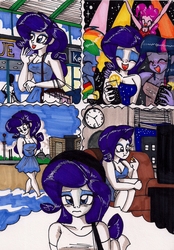 Size: 1384x1987 | Tagged: safe, artist:newyorkx3, pinkie pie, rainbow dash, rarity, twilight sparkle, equestria girls, g4, beach, comic, female, manic monday, party, song reference, television, the bangles, thought bubble, traditional art