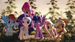 Size: 3800x2137 | Tagged: safe, artist:freasaloz, applejack, fluttershy, pinkie pie, rainbow dash, rarity, twilight sparkle, alicorn, pegasus, pony, unicorn, g4, 3d, applejack's hat, bandana, cowboy hat, female, forest, grass, grin, group, group shot, hat, high res, horn, jumping, looking at you, mane six, mare, nose wrinkle, revamped ponies, smiling, source filmmaker, twilight sparkle (alicorn), wings