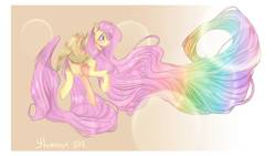 Size: 1192x670 | Tagged: safe, artist:ccabaleria, fluttershy, pegasus, pony, g4, abstract background, female, flying, impossibly long hair, impossibly long tail, lens flare, mare, rainbow, solo